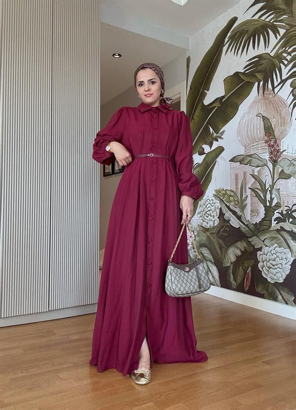 Top Düğmeli İthal Kumaş Kemerli Elbise – Romantik & Zarif Stil (38-46 Beden) Bordo
