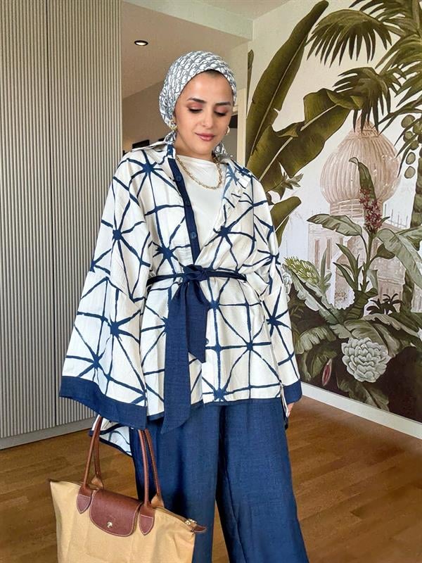 Çizgili Pamuk Keten Kimono Takım | Yazlık Rahat Tesettür İkili Takım Lacivert