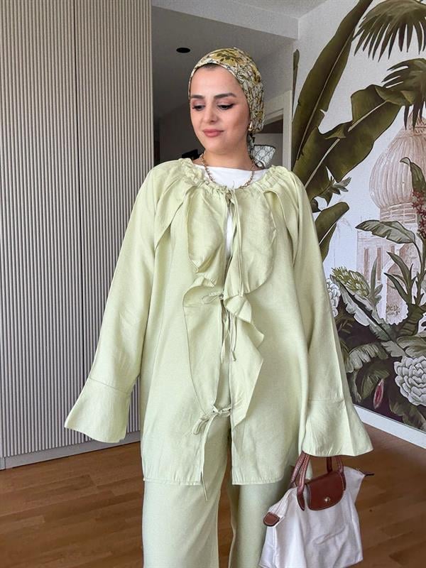 Fırfırlı Pamuklu Kimono Takım – Yazlık Dökümlü İkili Takım Yeşil