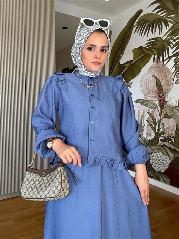 Pamuklu Fırfır Detaylı Yazlık Etekli Takım –Açık  Mavi