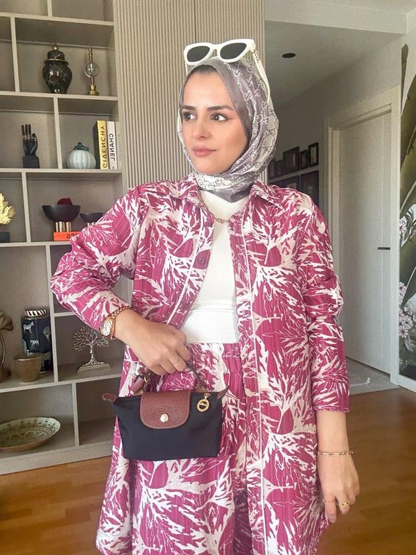 Pamuk Keten Desenli Biyeli Gömlek Takım Pembe